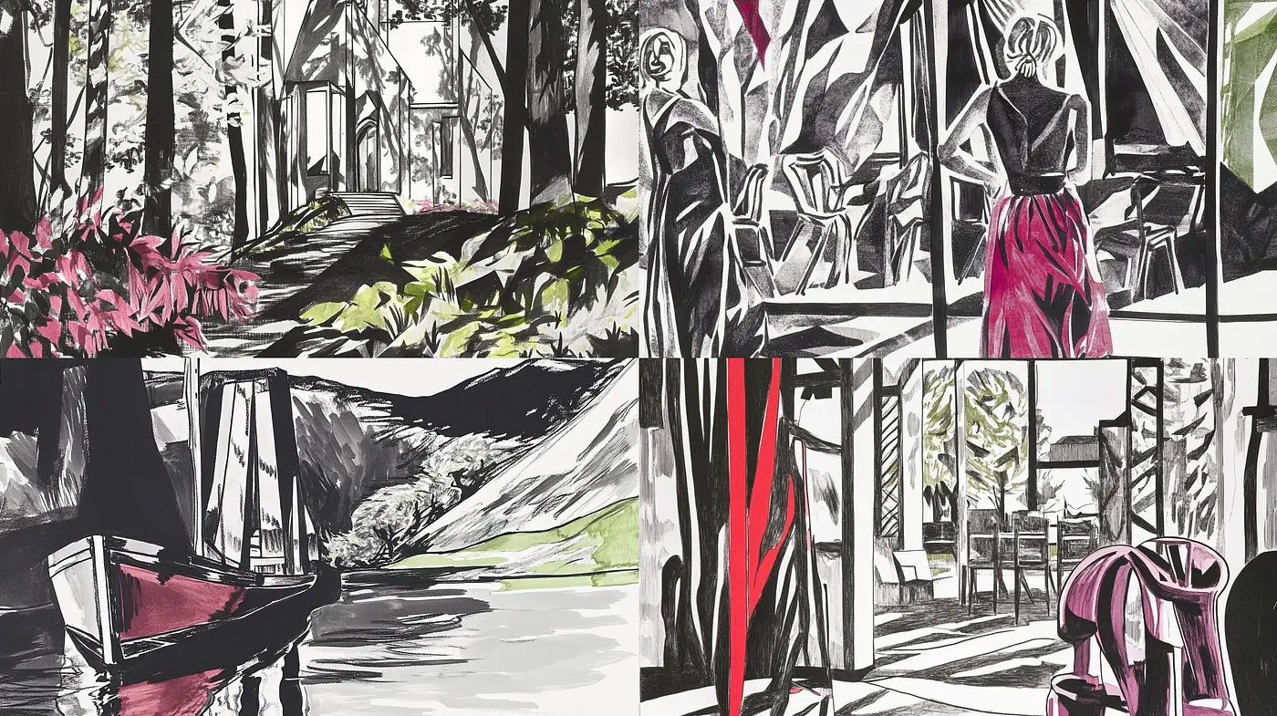 Contrasted Monochromatic Visions with Splashes of Vibrant Tones - Midjourney sref style