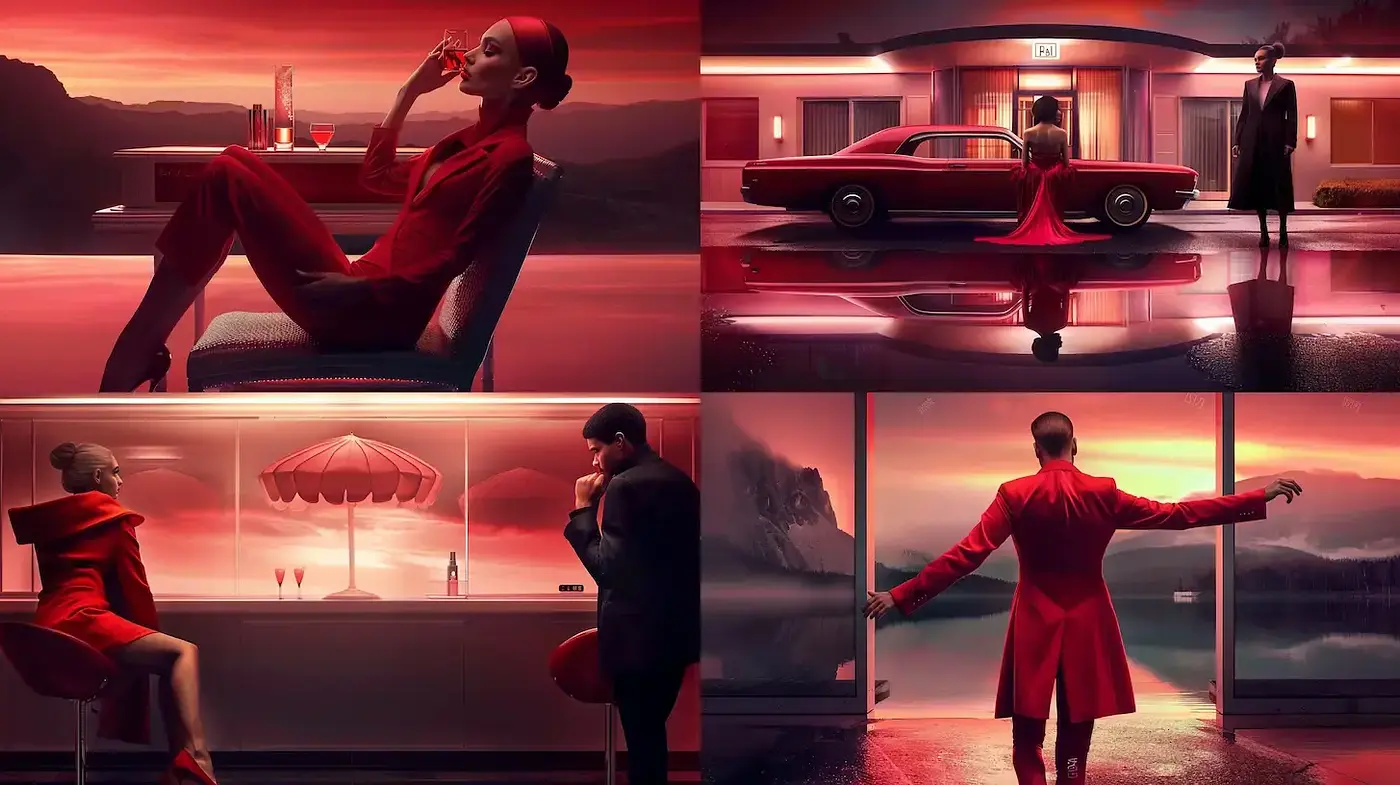 Cinematic Symphony in Scarlet: A Homage to the Dusk-Hued Noir Aesthetic - Midjourney sref style