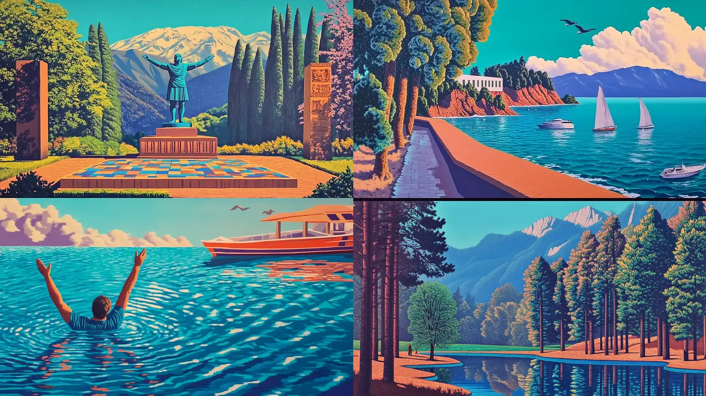 Serene Vintage Lakeside Vistas with Vibrant Retro Color Schemes - Midjourney sref style