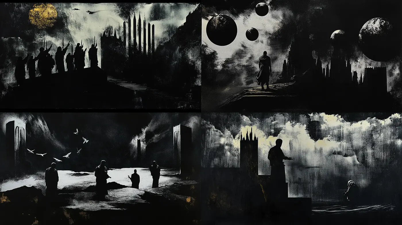 Ethereal Nocturnal Dreamscape with Monochromatic Palette and Surrealist Overtones - Midjourney sref style