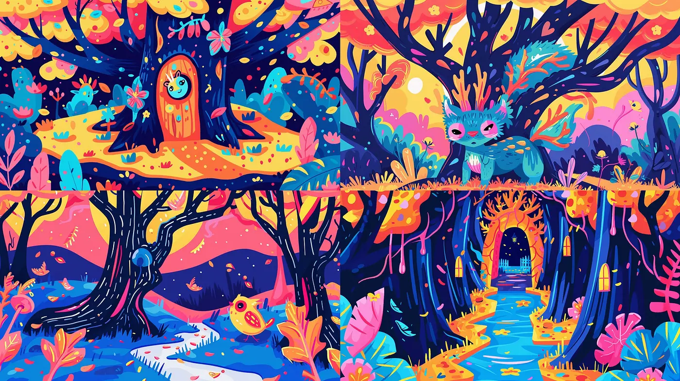 Enchanted Chromatic Symphony: A Dance of Vivid Hues and Whimsical Forms - Midjourney sref style