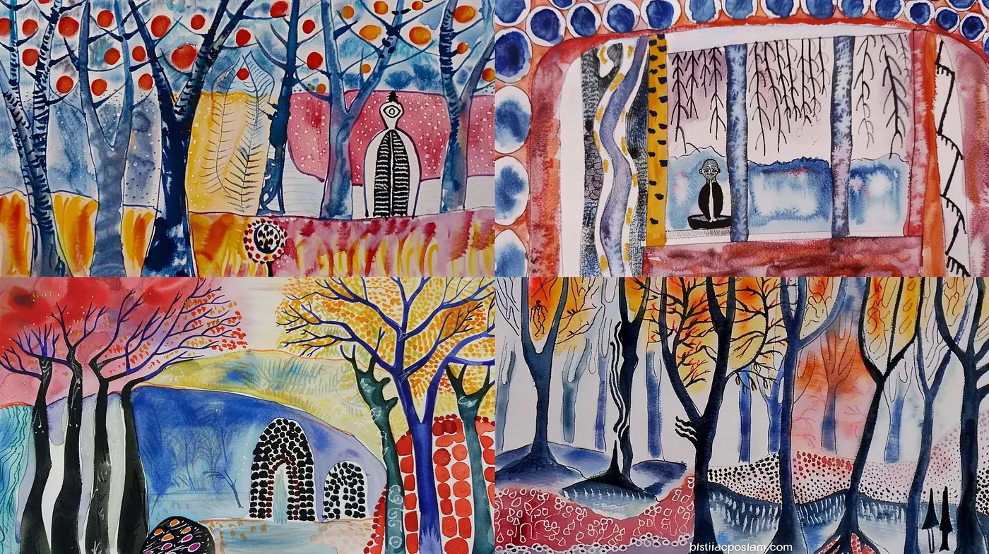 Whimsical Arboreal Dreamscapes with a Luminous and Textured Palette - Midjourney sref style