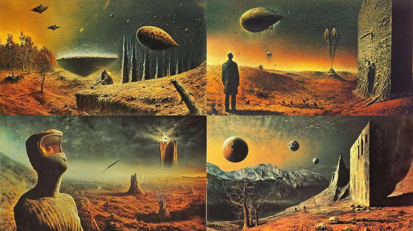 Surreal Dusk Horizons: An Homage to Sci-Fi Pioneers - Midjourney sref style