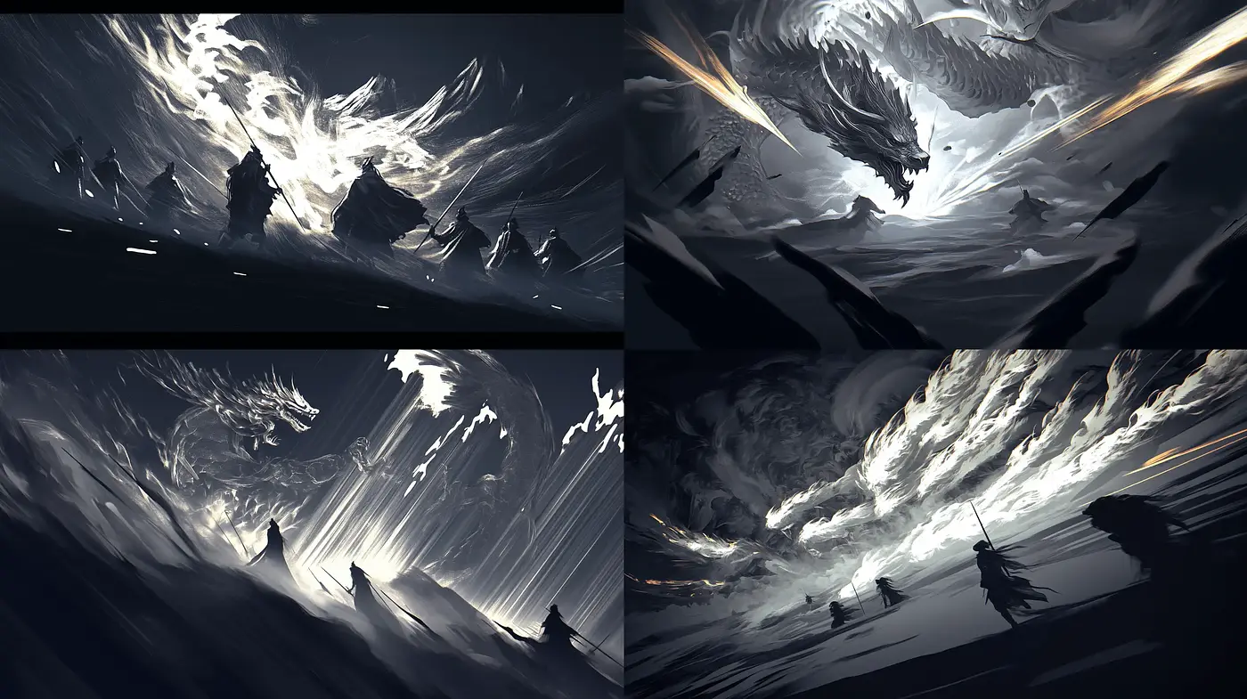 Ethereal Monochrome Whirls: A Dance of Light and Shadow - Midjourney sref style