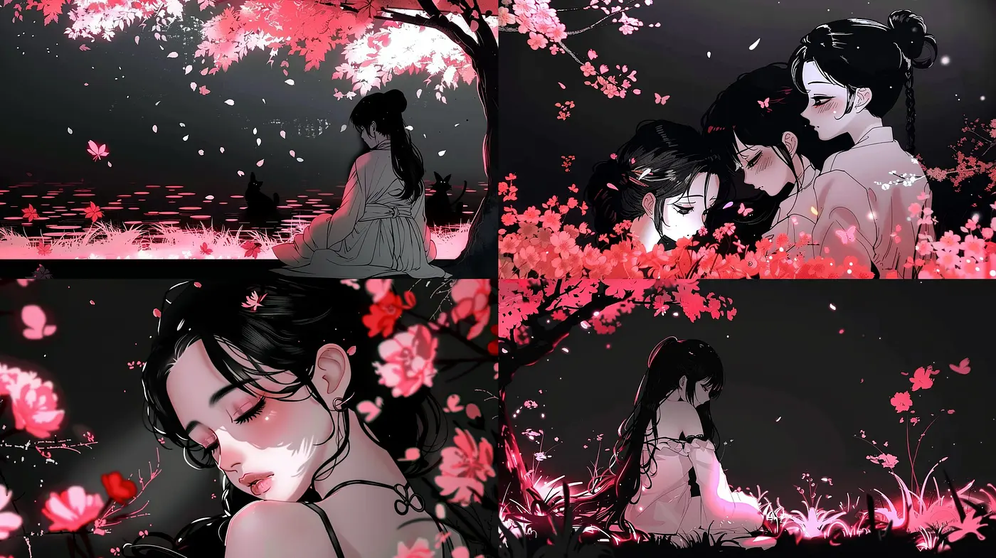 Ethereal Blossom Dreams: A Consistent Vision in Moody Monochromatic Tones with Vivid Floral Accents - Midjourney sref style