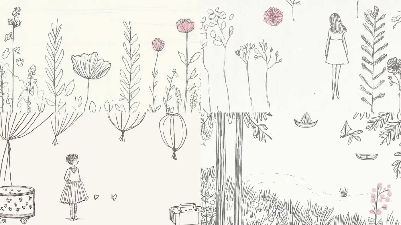 Whimsical Ink Sketchbook Flora - Midjourney sref style