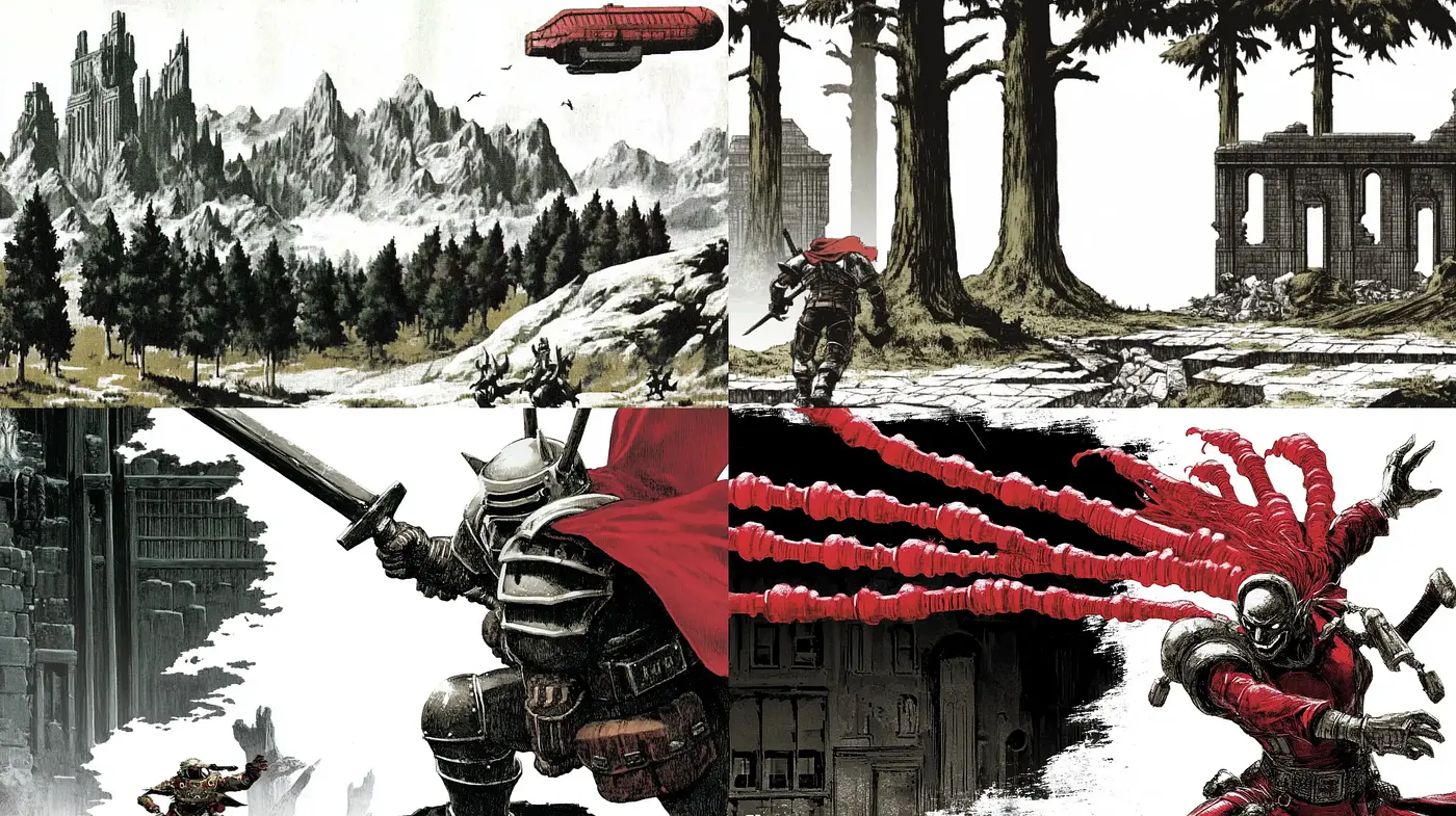 Ethereal Monochromatic Visions with Splashes of Crimson Energy - Midjourney sref style