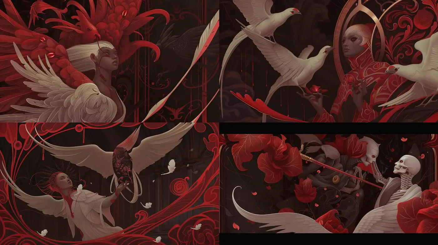 Ethereal Crimson Dreamscape with Art Nouveau Elegance - Midjourney sref style