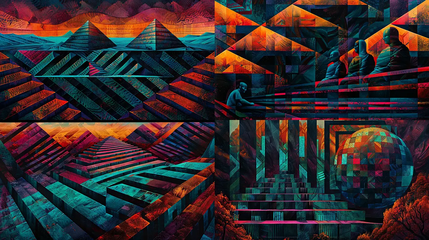Geometric Dystopian Dreamscape: A Synthesis of Abstract and Sci-Fi Elements - Midjourney sref style