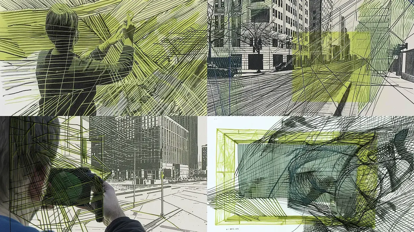 Dynamic Line Art with Architectural Elements and a Modern Twist - Midjourney sref style