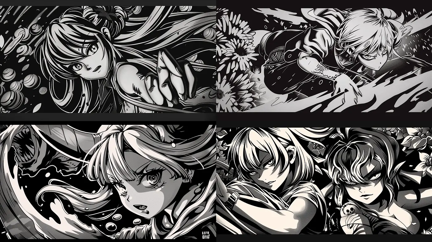 Monochromatic Dynamic Anime-Inspired Artistry - Midjourney sref style