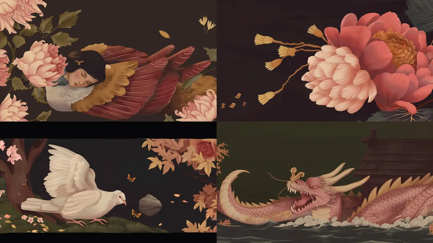 Enigmatic Mythical Fusion with Lush Florals in a Muted Palette - Midjourney sref style