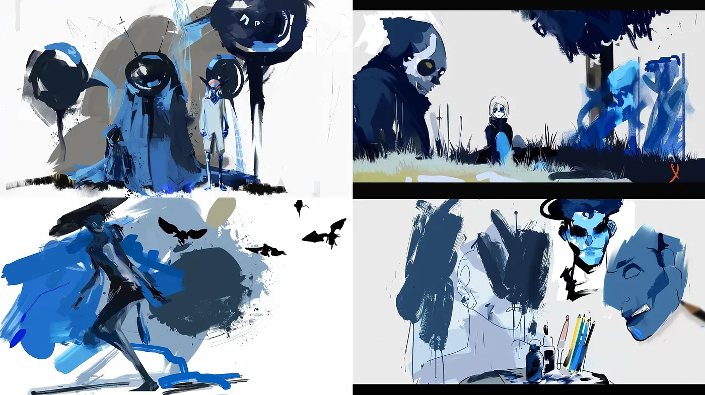Abstract Expressionist Brushwork with a Monochromatic Blue Focus - Midjourney sref style