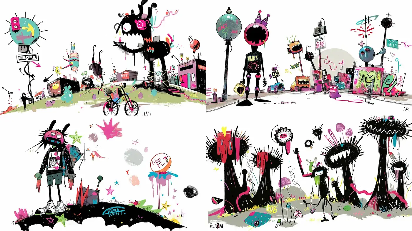 Vibrant and Whimsical Urban Illustration Style with Distinctive Character Design - Midjourney sref style