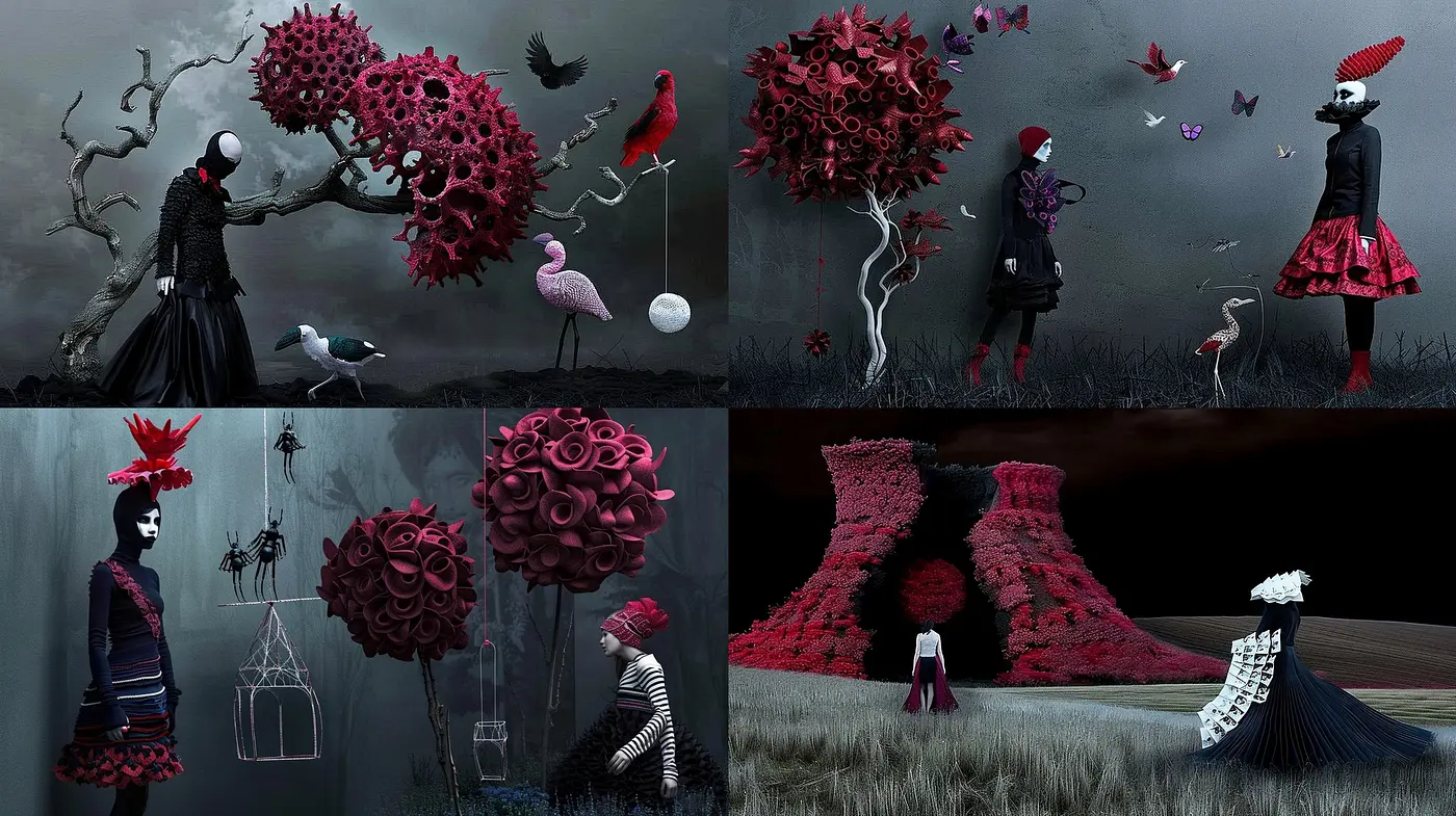 Surreal Crimson Dreamscapes: A Synthesis of Moody Elegance and Stylized Nature - Midjourney sref style