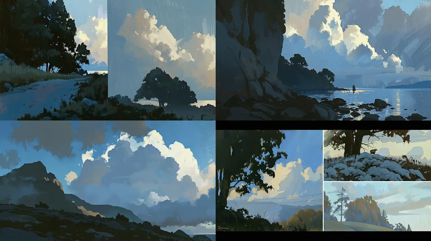 Consistent Hues of Tranquil Landscapes in Digital Brushwork - Midjourney sref style