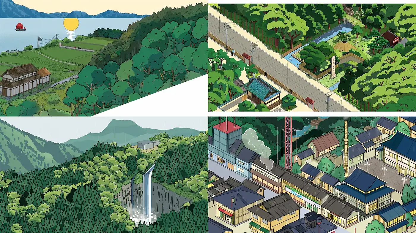 Stylized Illustrations of Scenic Landscapes with Consistent Thematic Elements - Midjourney sref style