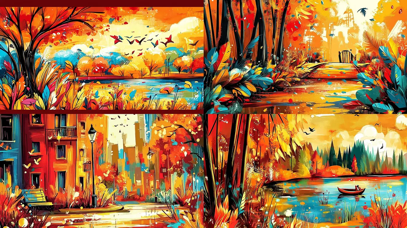 Autumnal Hues and Expressive Brushwork in Idyllic Landscapes - Midjourney sref style