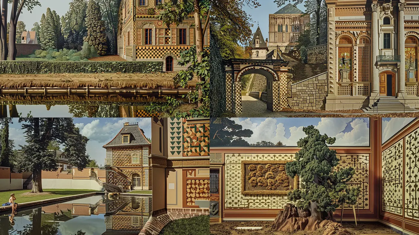 Consistent Vintage Architectural Harmony in Warm Earth Tones - Midjourney sref style