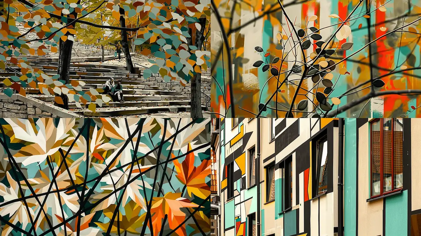 Vibrant and Textured Urban Autumn Landscapes with Abstract Elements - Midjourney sref style