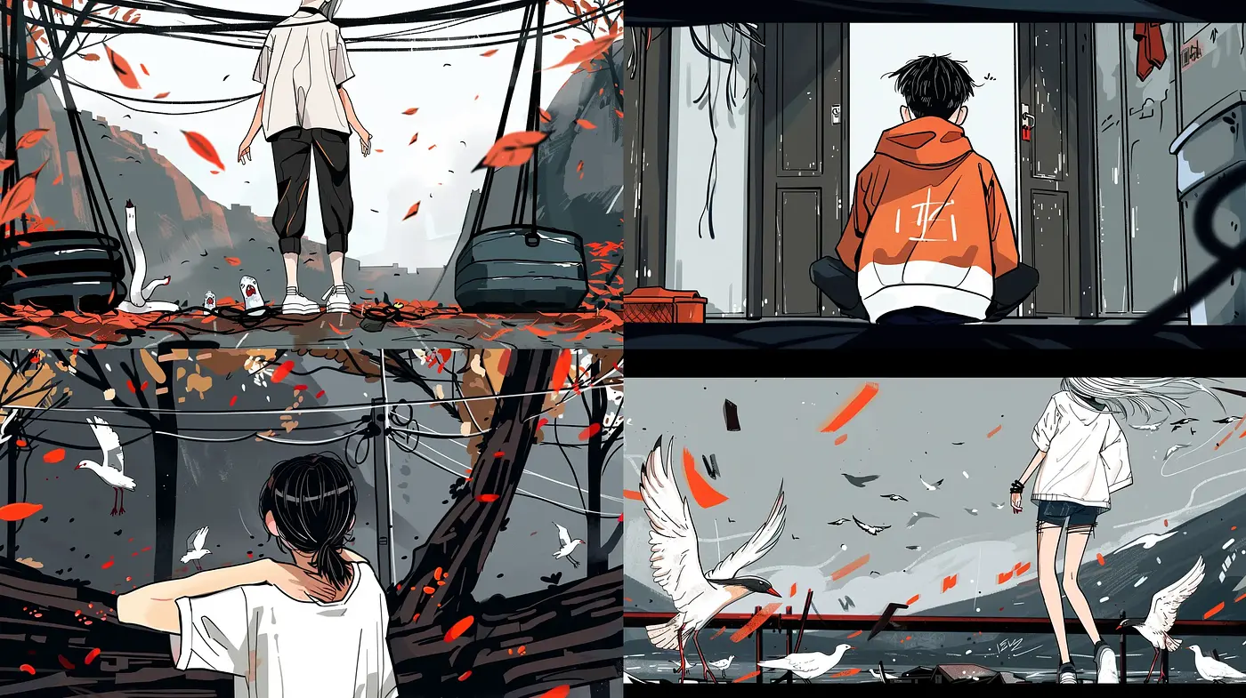 Stylized Cinematic Anime Frames with Dynamic Contrast and Splashes of Vivid Color - Midjourney sref style