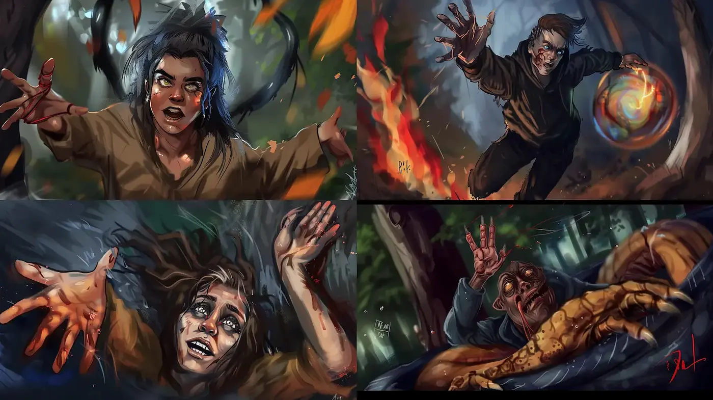 Dynamic and expressive narrative artwork with a fantastical essence - Midjourney sref style