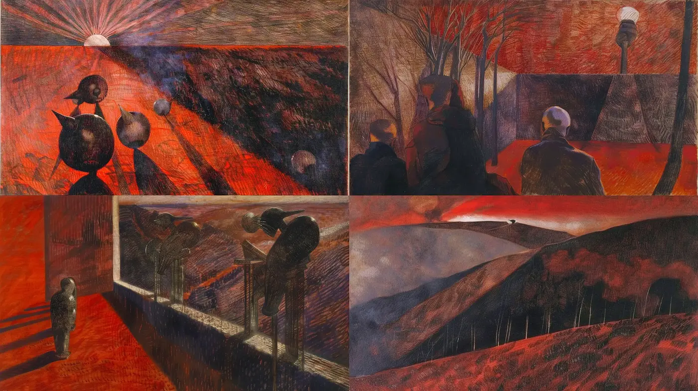 Ethereal Twilight: An Introspective Exploration in Crimson and Umber - Midjourney sref style