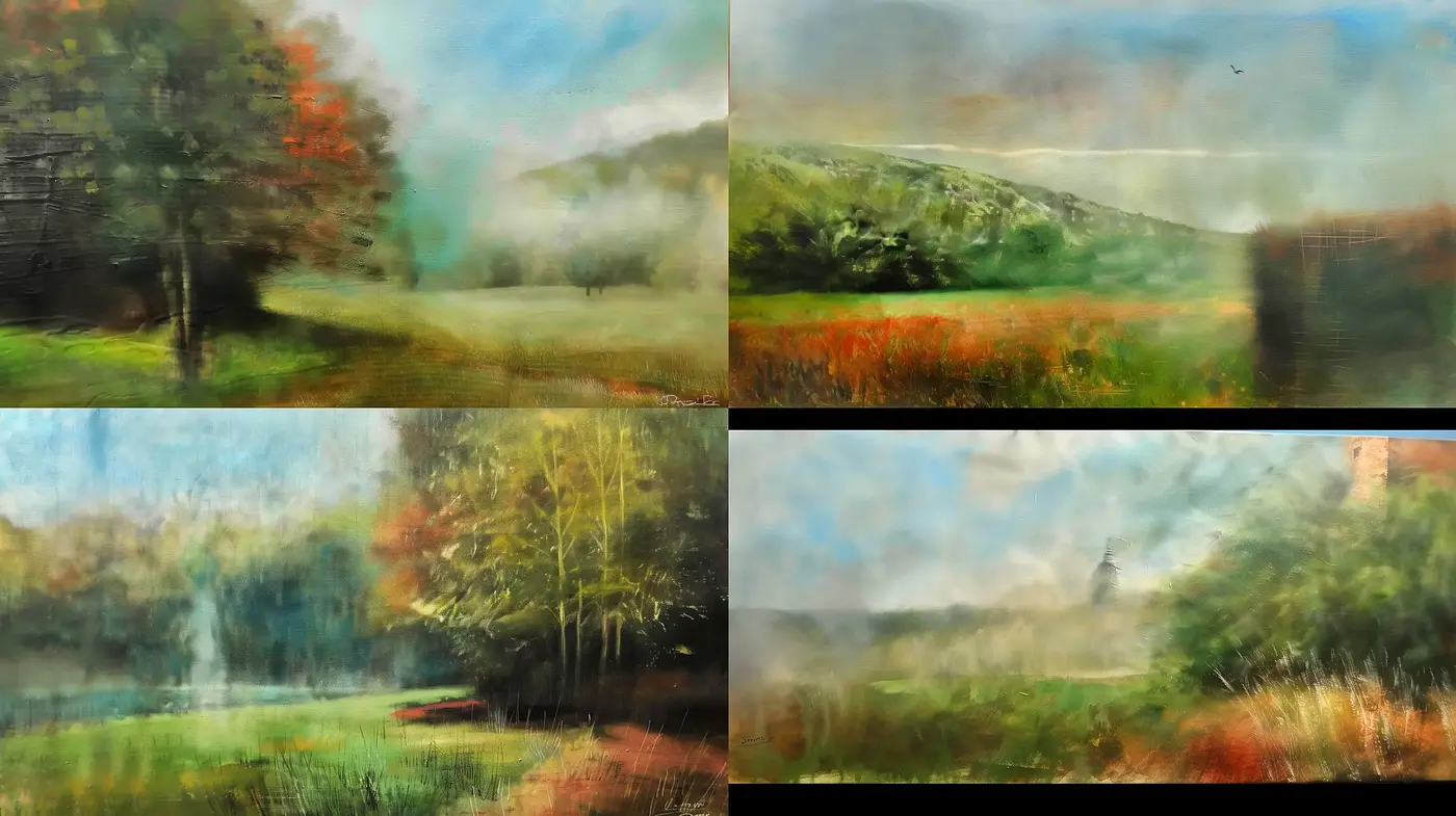 Ethereal Mists and Rich Hues: A Panoramic Impressionist Landscapes Series - Midjourney sref style