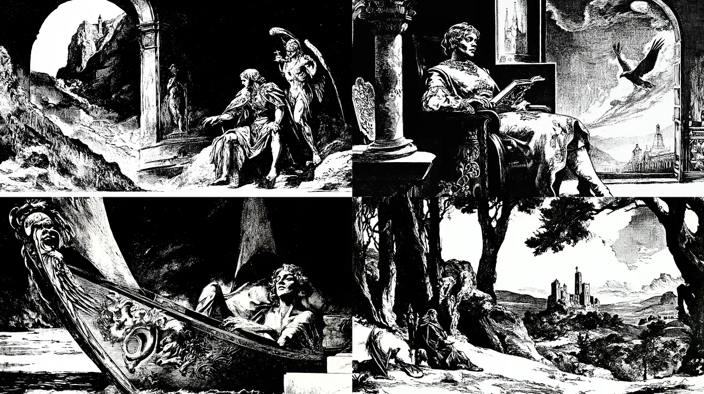 Neo-Classical Reverie in Monochromatic Etching Style - Midjourney sref style