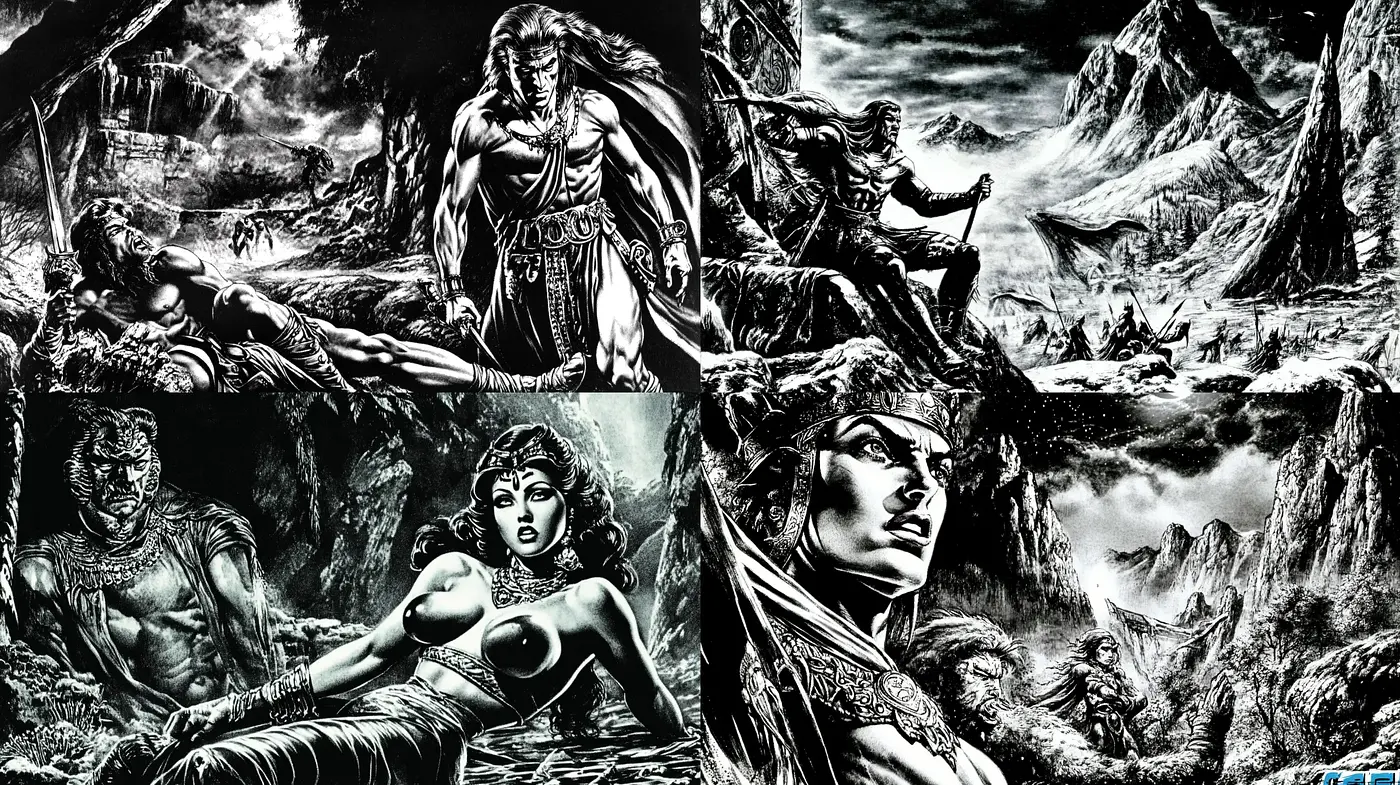 Monochrome Fantasy Tableaux with Dramatic Shading and Textures - Midjourney sref style