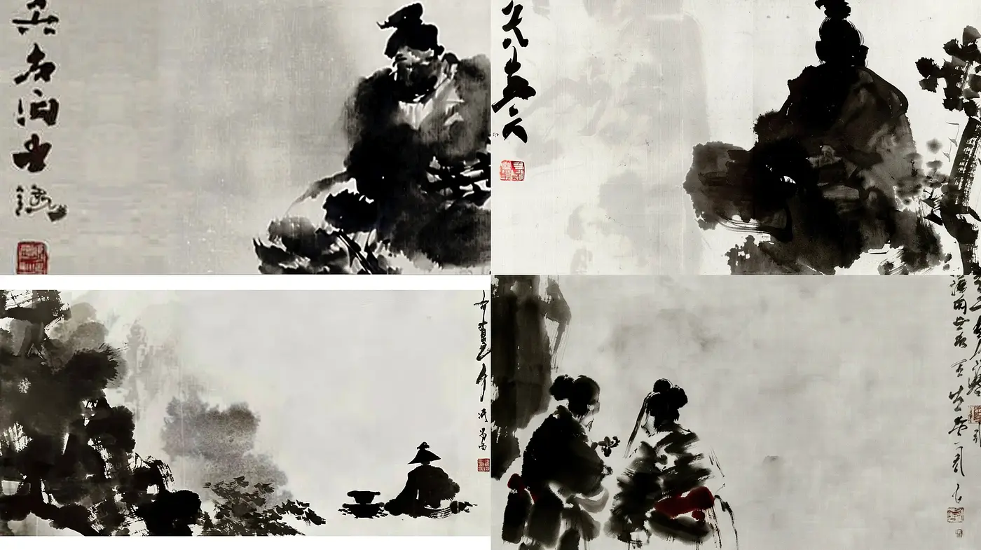 Ethereal Ink Wash Harmony: A Contemporary Interpretation of Traditional Asian Brushwork - Midjourney sref style