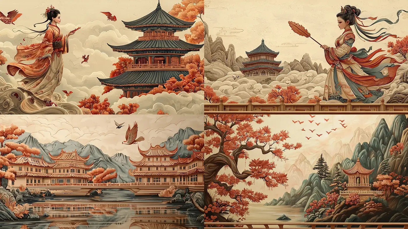 Autumnal Asian Elegance in Mythological Paintwork - Midjourney sref style