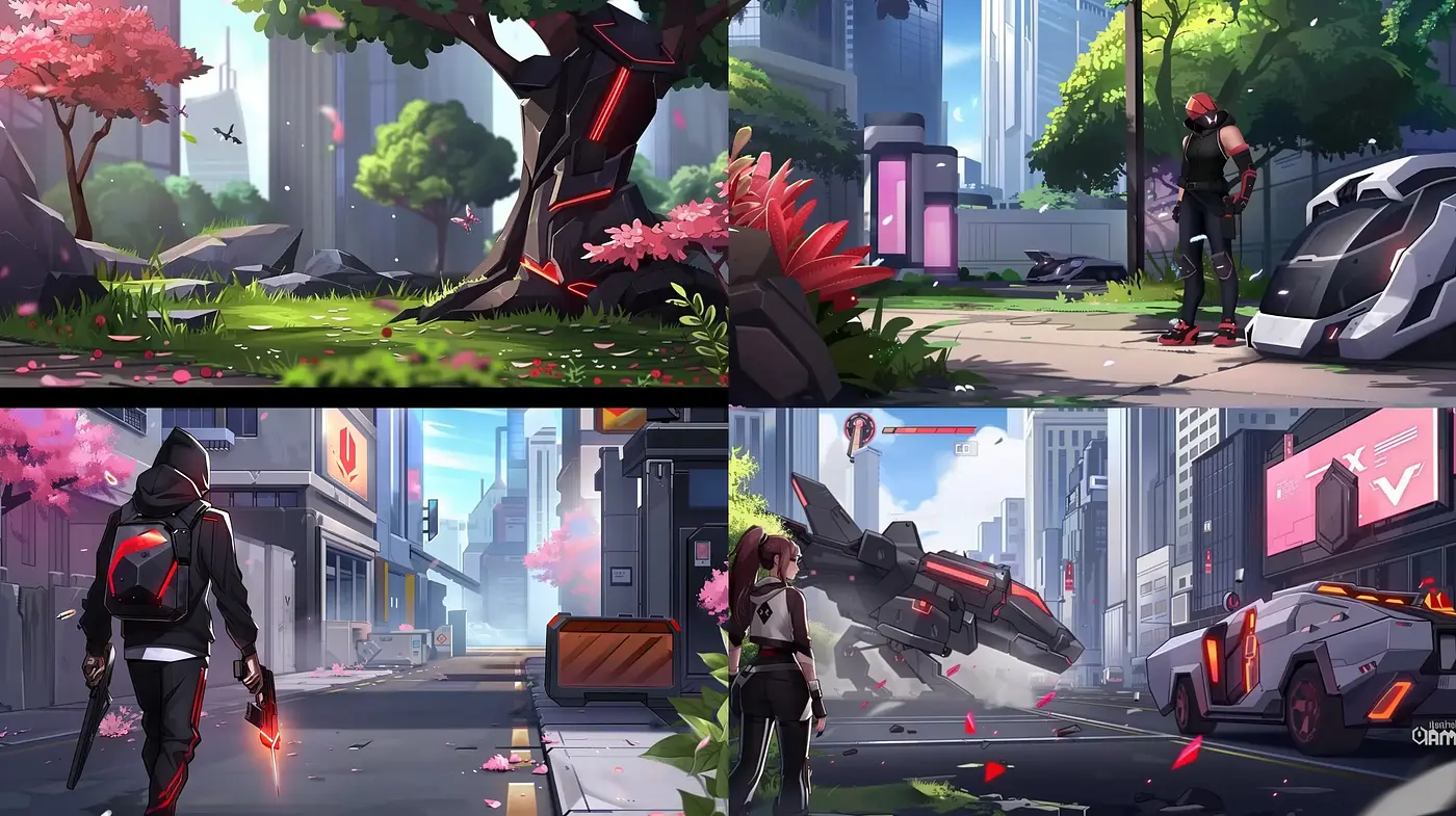 Futuristic Urban Elegance with Neon and Nature - Midjourney sref style