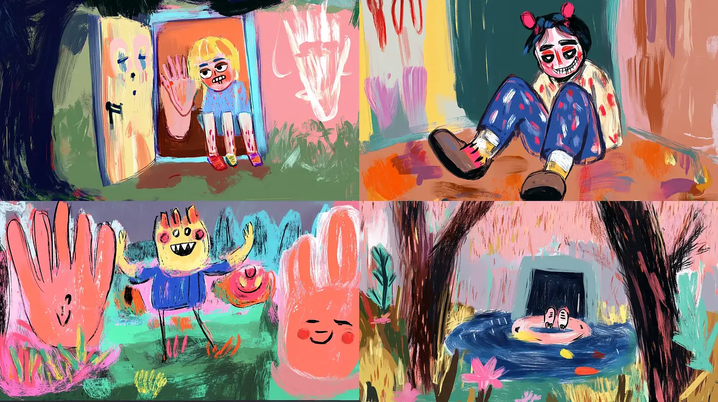 Whimsical Brushwork and Vivid Tones in Expressive Storybook Tableaux - Midjourney sref style