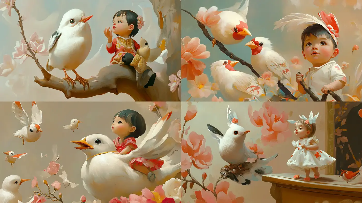 Soft Pastoral Symphony: The Poetic Dance of Children and Birds in Blossoming Harmony - Midjourney sref style