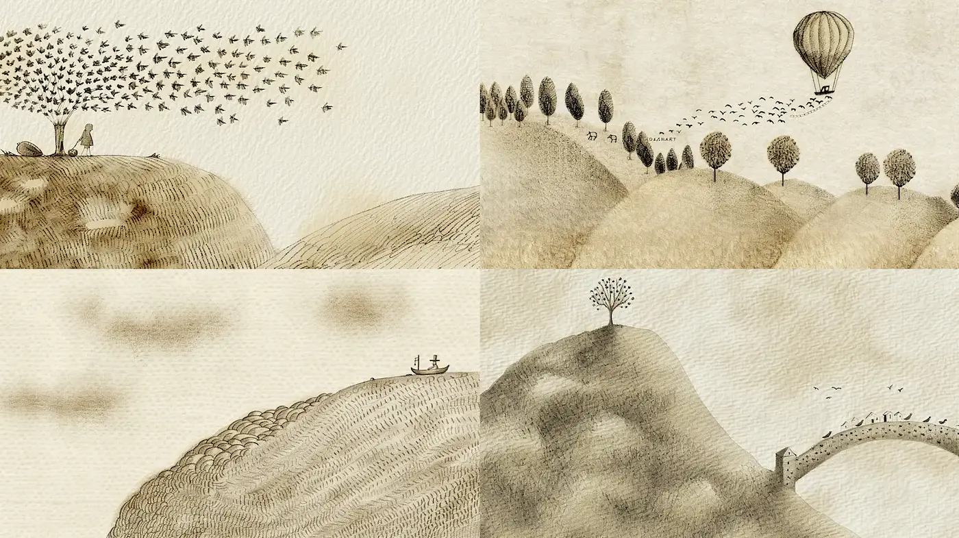 Whimsical Landscape Illustrations with Subtle Elegance - Midjourney sref style