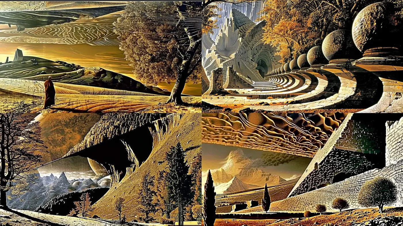 Surrealist Dreamscape Fusion with Metallic Hues and Symmetry - Midjourney sref style