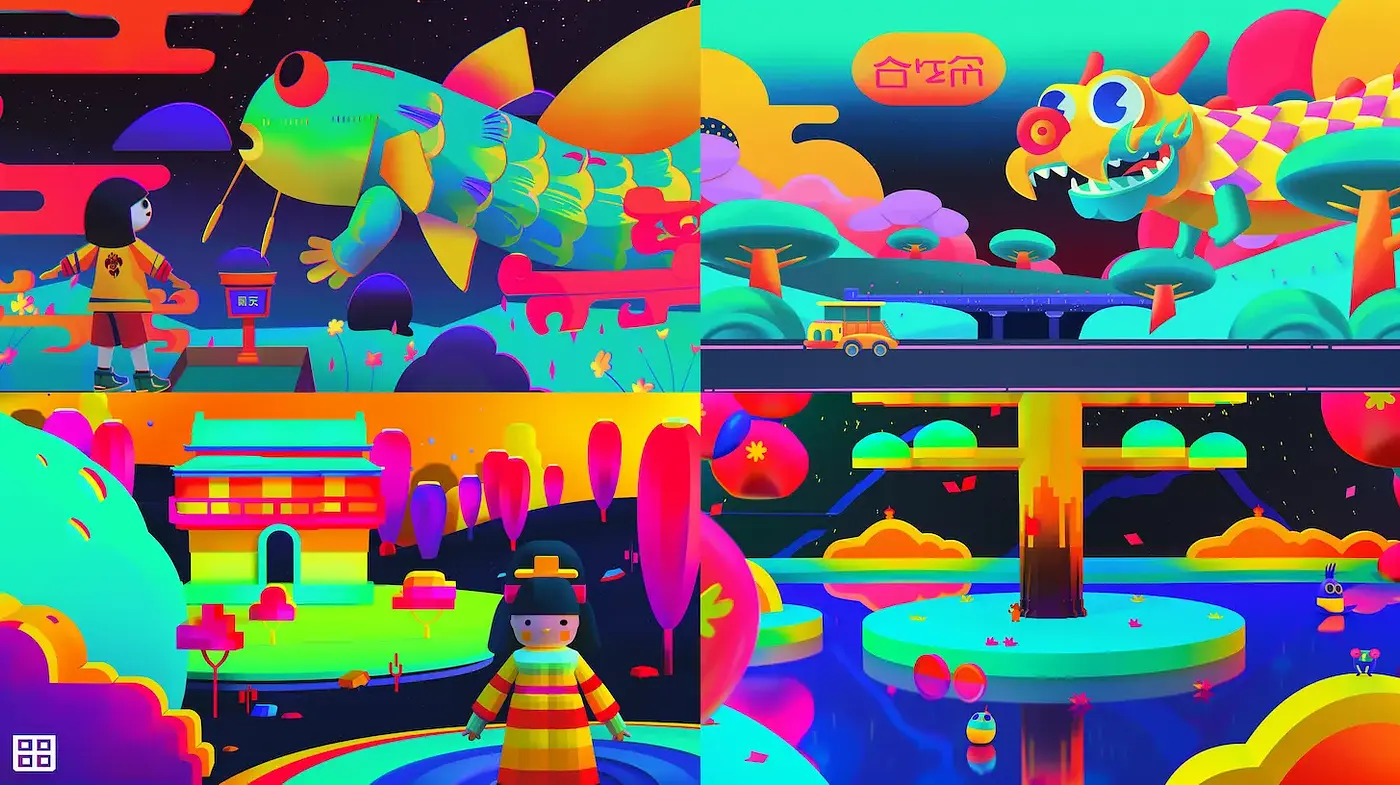 Vibrant, whimsical landscapes with surreal elements - Midjourney sref style