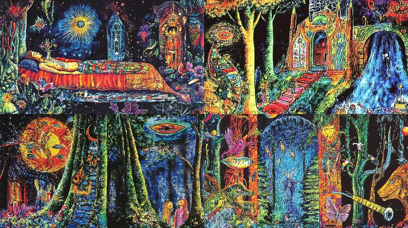 Enchanted Psychedelic Forest Dreamscape in Vivid Textures - Midjourney sref style