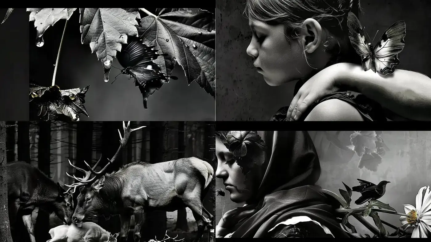 Ethereal black and white imagery with nature motifs and emotional depth - Midjourney sref style