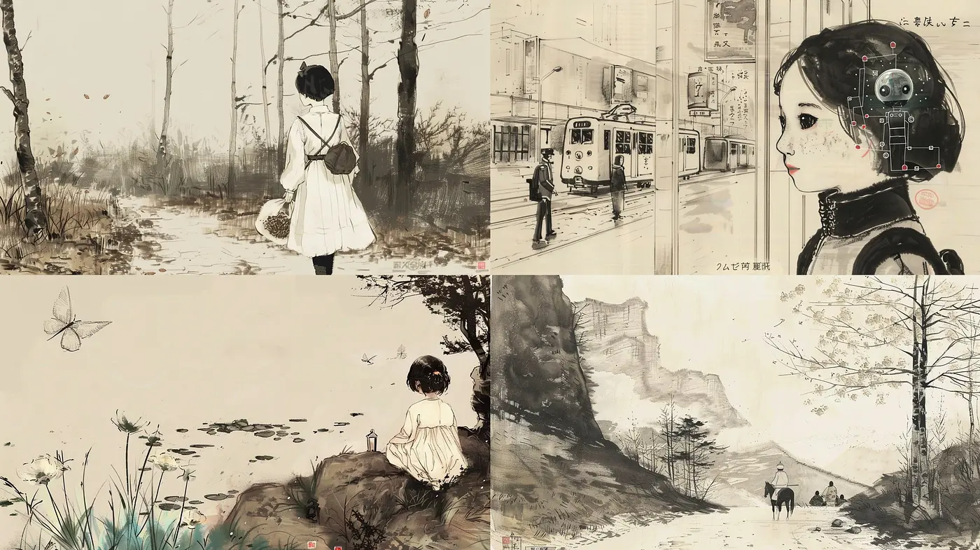 Monochrome Dreamscape: A Fusion of Asian Ink Wash and Surrealism - Midjourney sref style