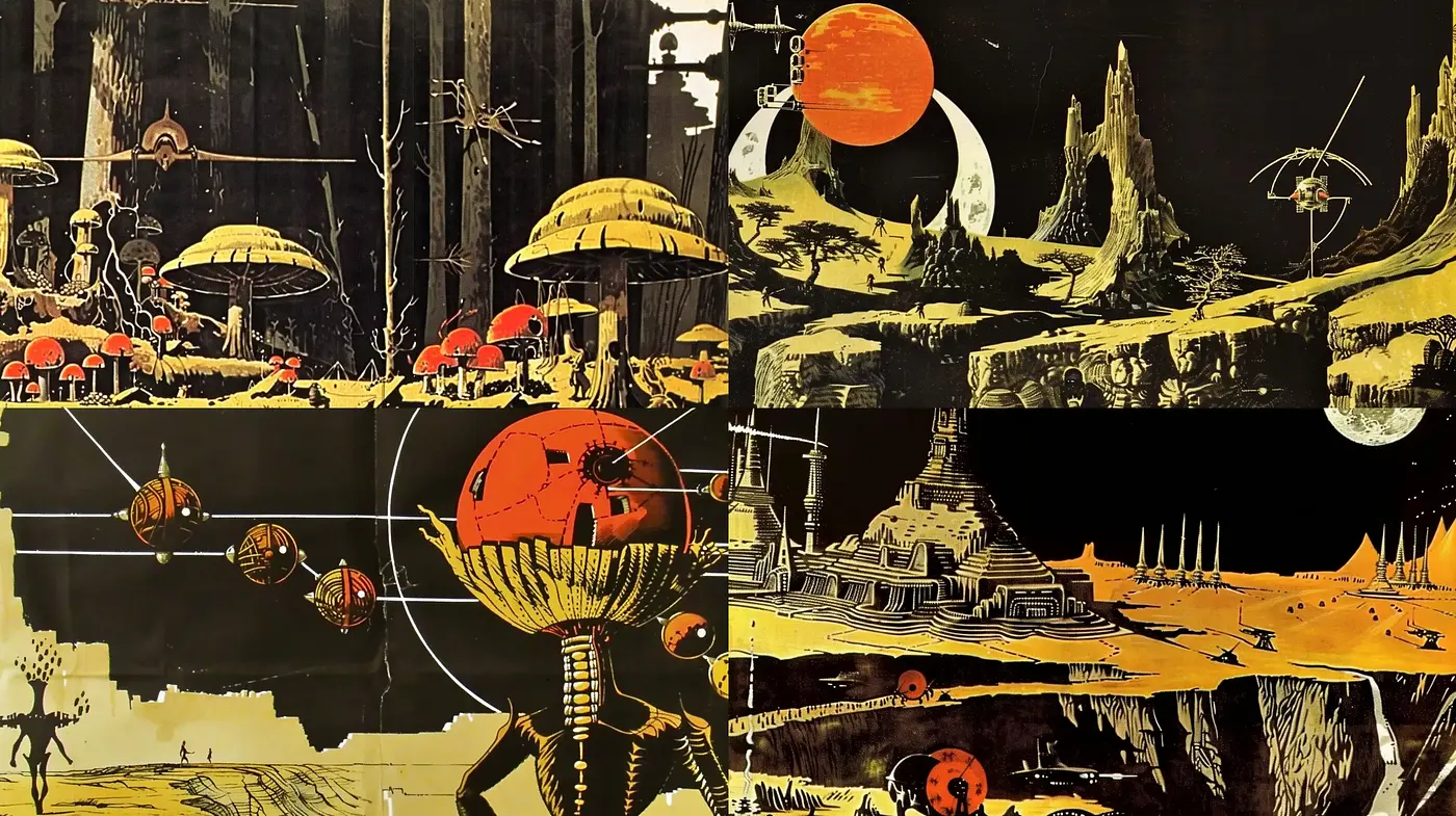 Retro Futuristic Dreamscape in Sepia Tones - Midjourney sref style