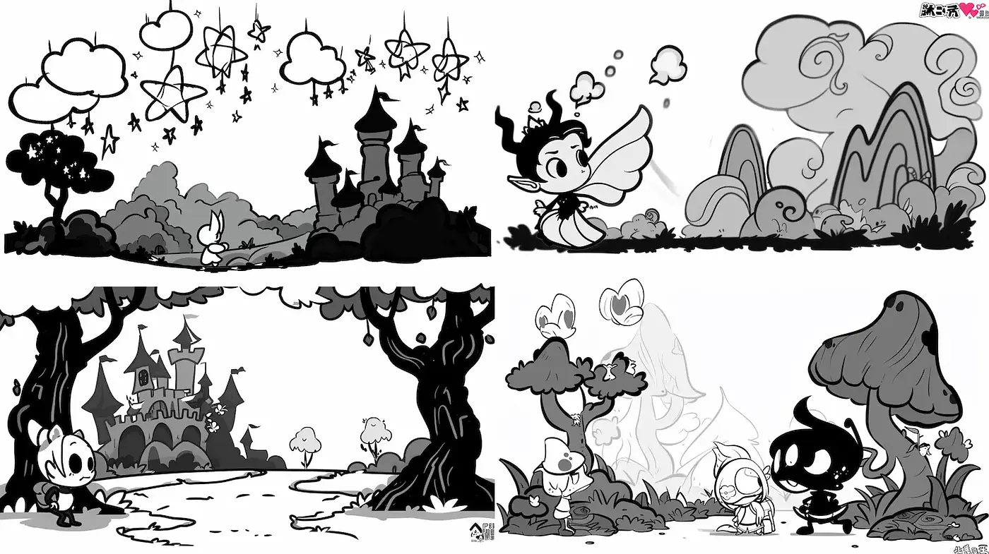 Whimsical Black and White Fantasy Landscapes with Playful Characters - Midjourney sref style