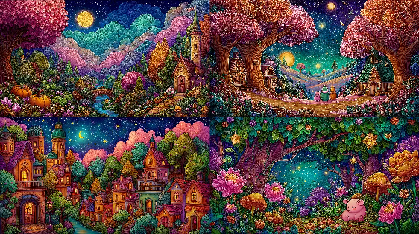 Whimsical, enchanting fantasy landscapes with a vibrant, cartoonish style - Midjourney sref style