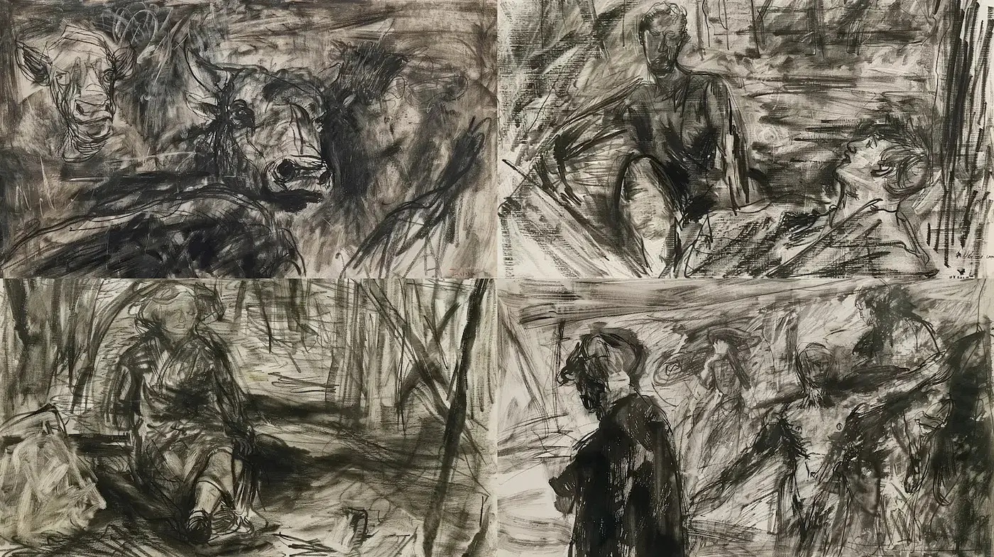 Expressive monochromatic scenes with a raw, emotional depth - Midjourney sref style
