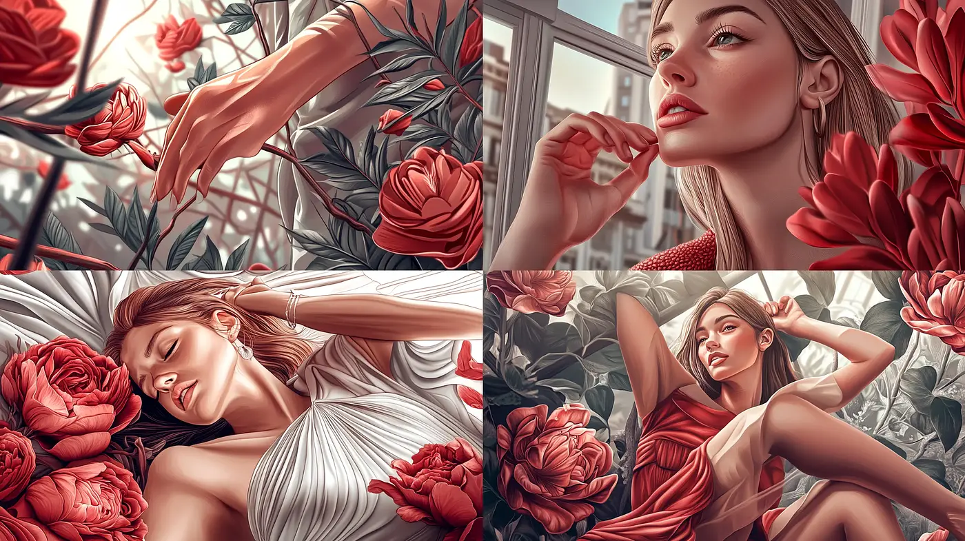 Renaissance Revived: Digital Roses in a Contemporary Dance of Light and Shadow - Midjourney sref style