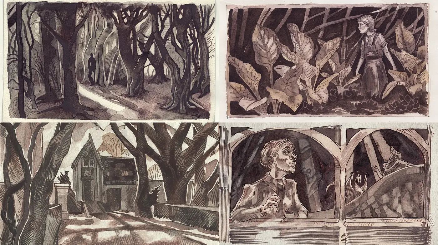 Sepia-Toned Storybook Narratives in Pen and Ink - Midjourney sref style