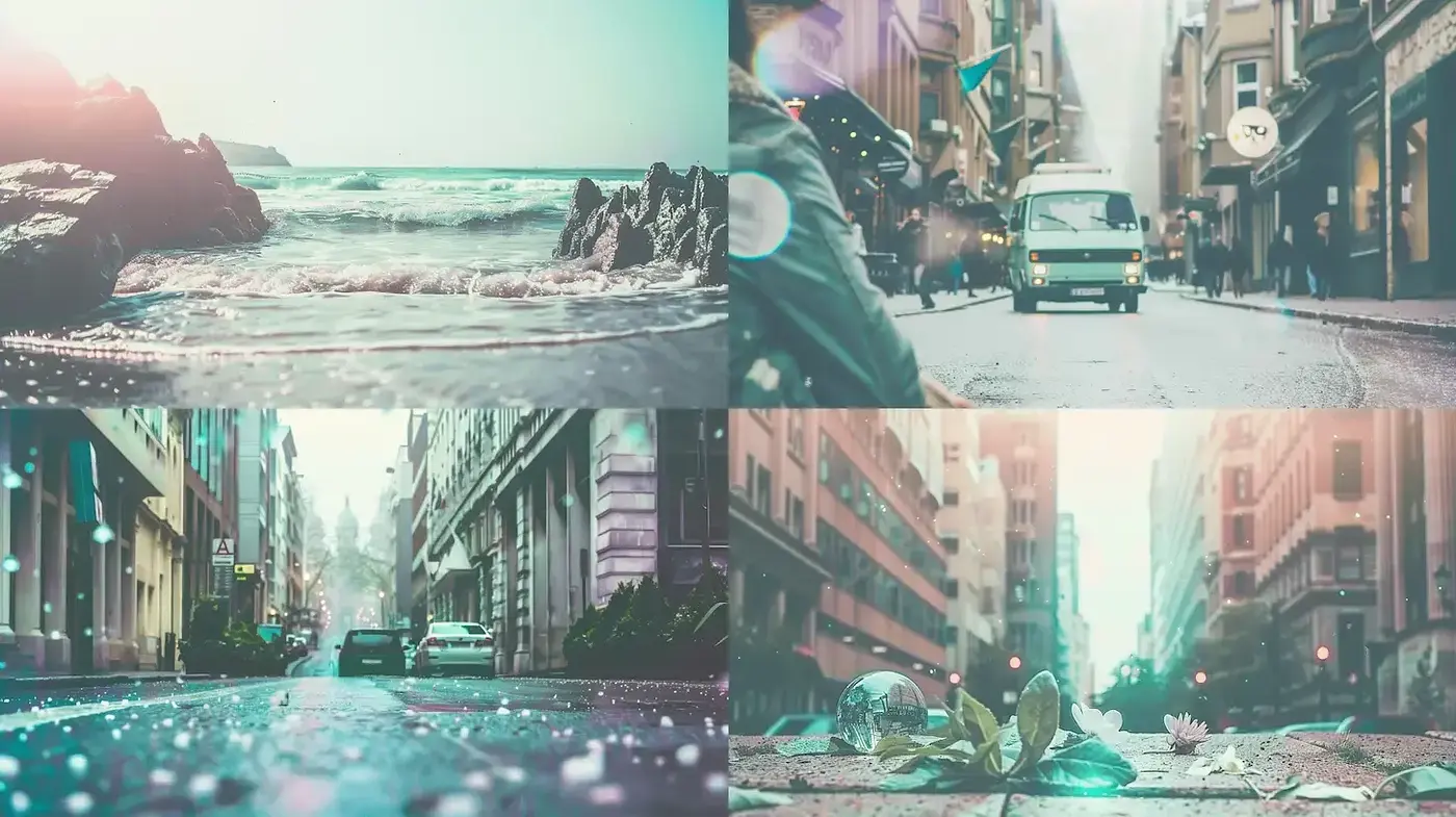 Ethereal Urban Landscapes with Liquid Reflections and Soft Color Tones - Midjourney sref style