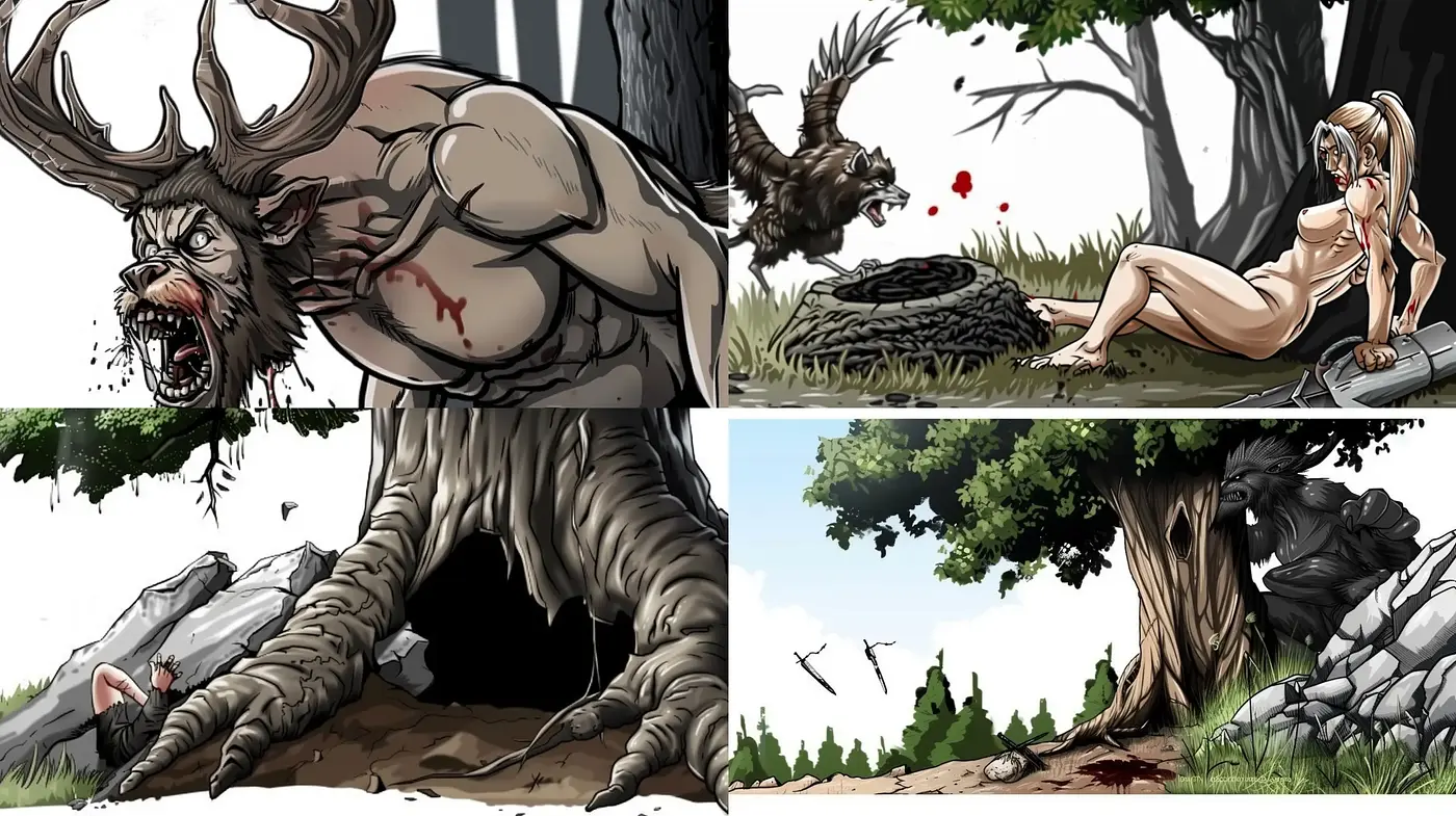 Mythical Wilderness Encounter: Enigmatic Scenes with a Fantastical Edge - Midjourney sref style