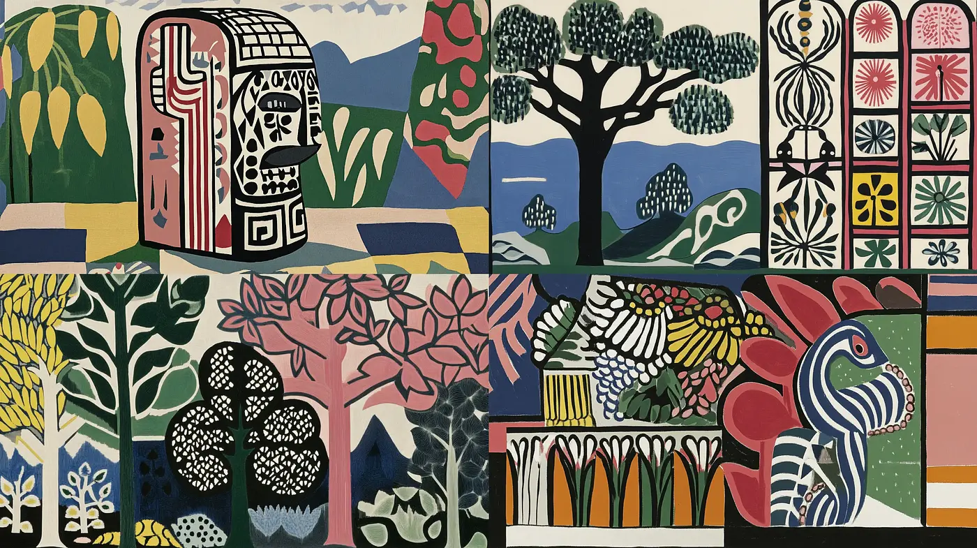 Botanical Tapestry with Flat Color Narrative - Midjourney sref style